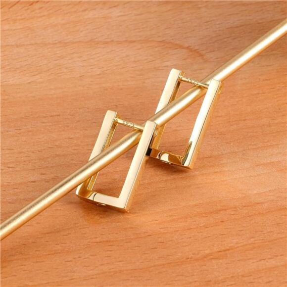14K Gold Small Square Hoop Earrings – Minimalist Rectangle Huggie Hoops - Picture 5 of 5